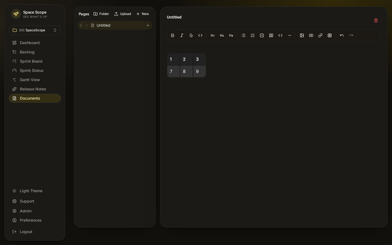 Space Scope documents library with rich-text editor